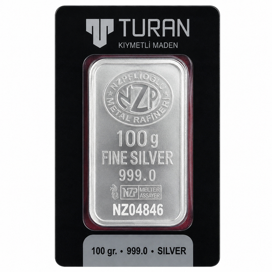 100g fine silver bar in packaging with Turan branding
